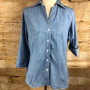 Foxcroft Blue Jean V Neck Button Down 3/4 Sleeve